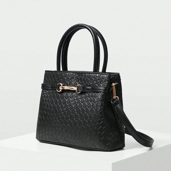 Black Elegant Women's Premium Textured Metallic Buckle Accented Handbag - Picture 4 of 7